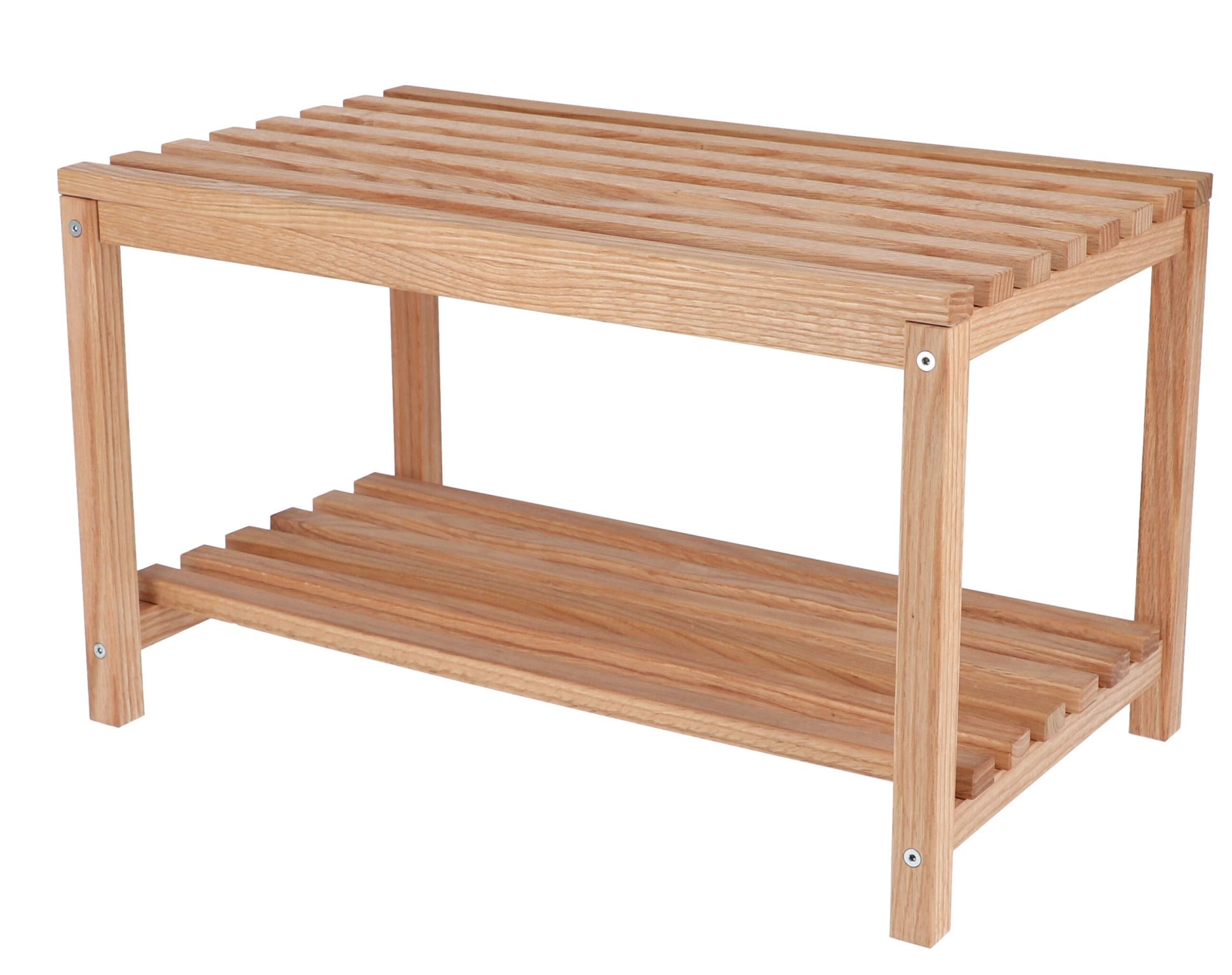 Bankier Bank Jan Kurtz aus hellem Holz mit zwei Ablageflächen für Schuhe.