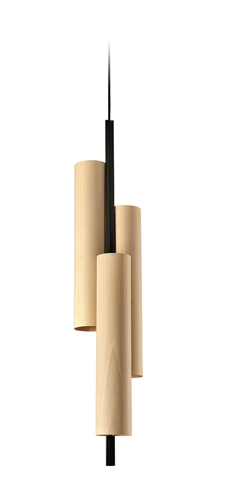 Black Note Triplet Pendelleuchte: Moderne LED Hängelampe aus Buchenholz und schwarzem Metall.