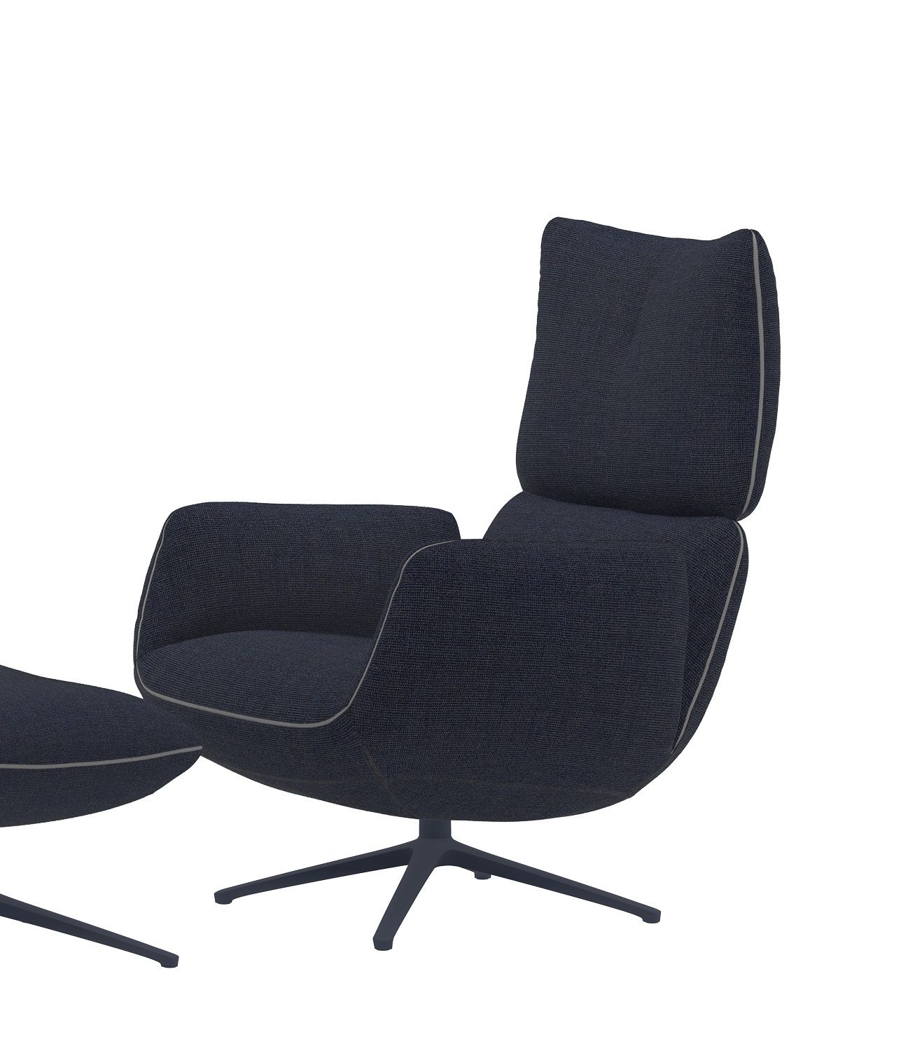 Jalis Lounge Sessel mit Hocker, dunkelblauer Stoffbezug und 4-Fuß-Drehgestell für entspanntes Wohnen.