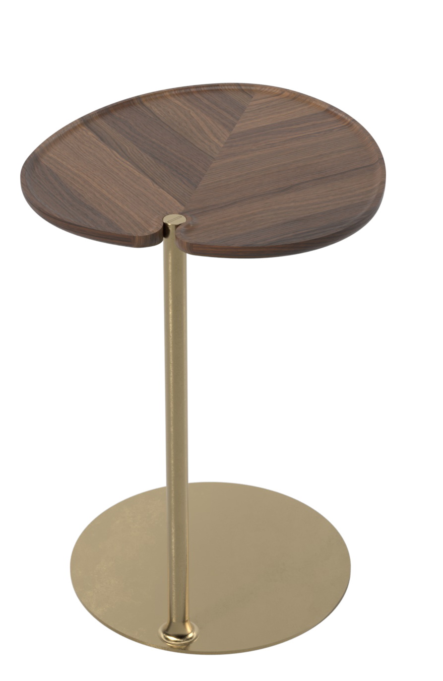 Leaf 1 Side Table: Eleganter Beistelltisch aus Holz und Metall in Blattform.