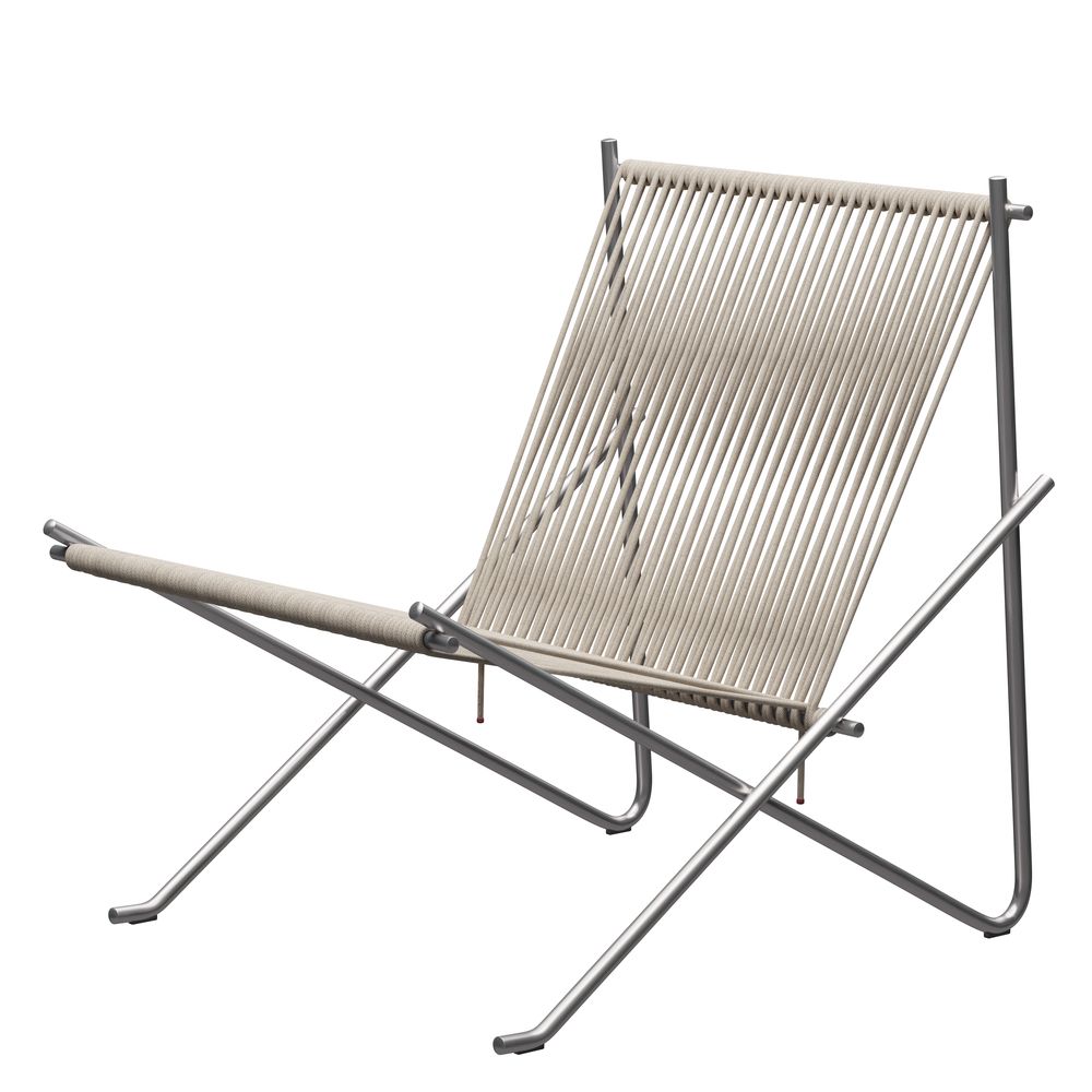 PK4 Lounge Chair von Fritz Hansen: Edelstahlrahmen mit naturfarbener Seilbespannung. Design Sessel für Wohnzimmer.