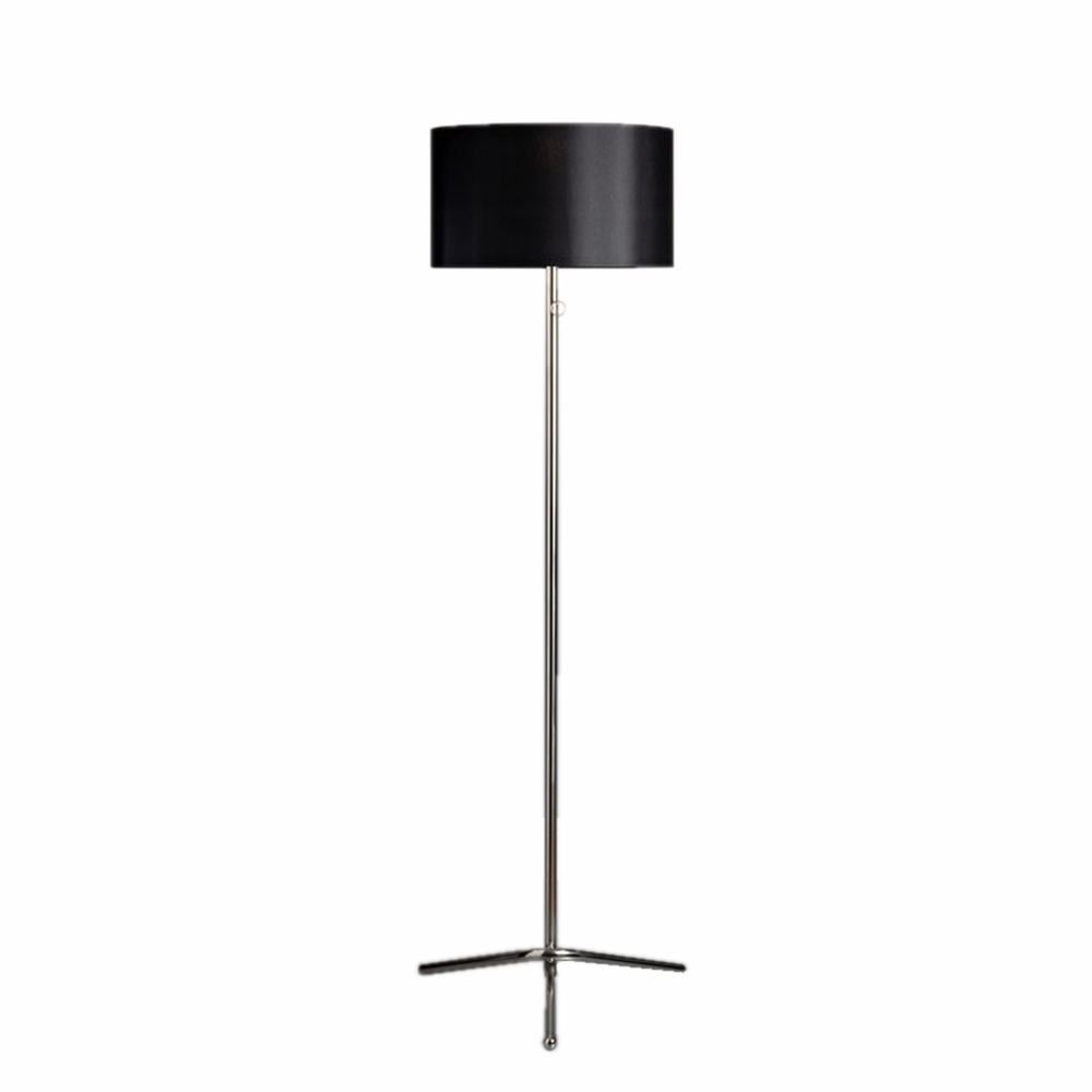 Baton Stehleuchte von Tecnolumen mit schwarzem Lampenschirm und silbernem Metallfuß.