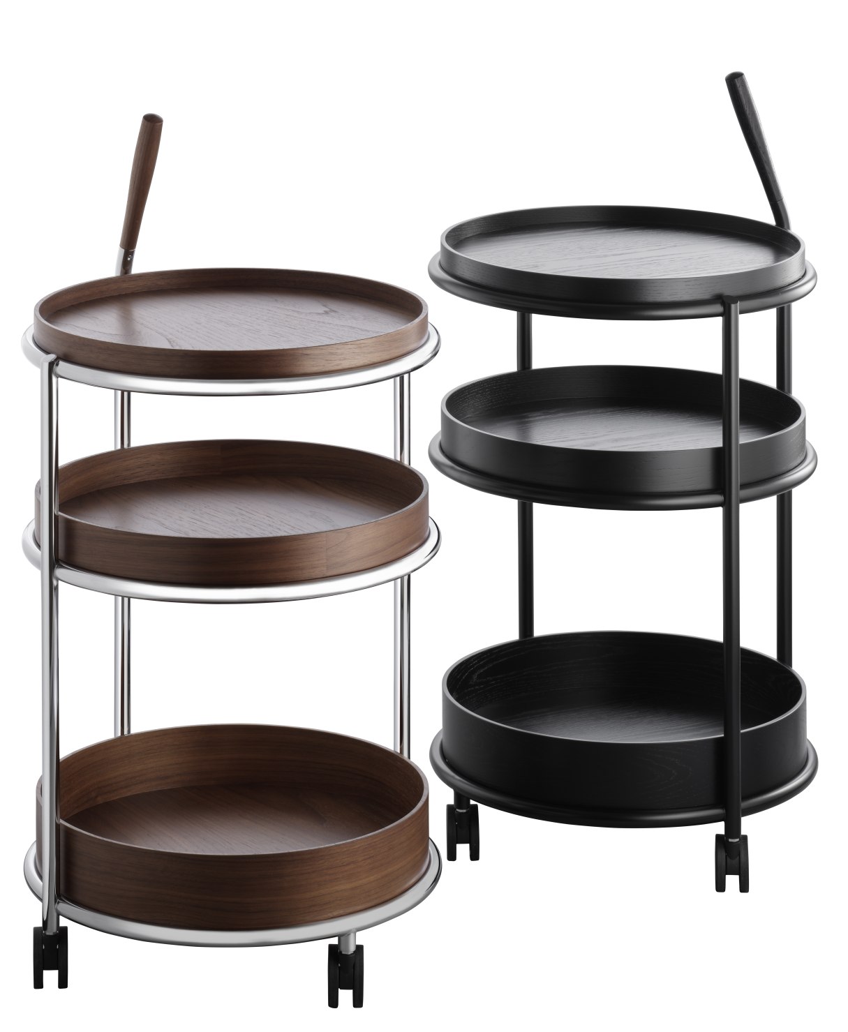 K6 Trolley Servierwagen: Nussbaum und schwarz lackiertes Stahlrohr, dreistöckig, modernes Design für Küche und Wohnbereich.