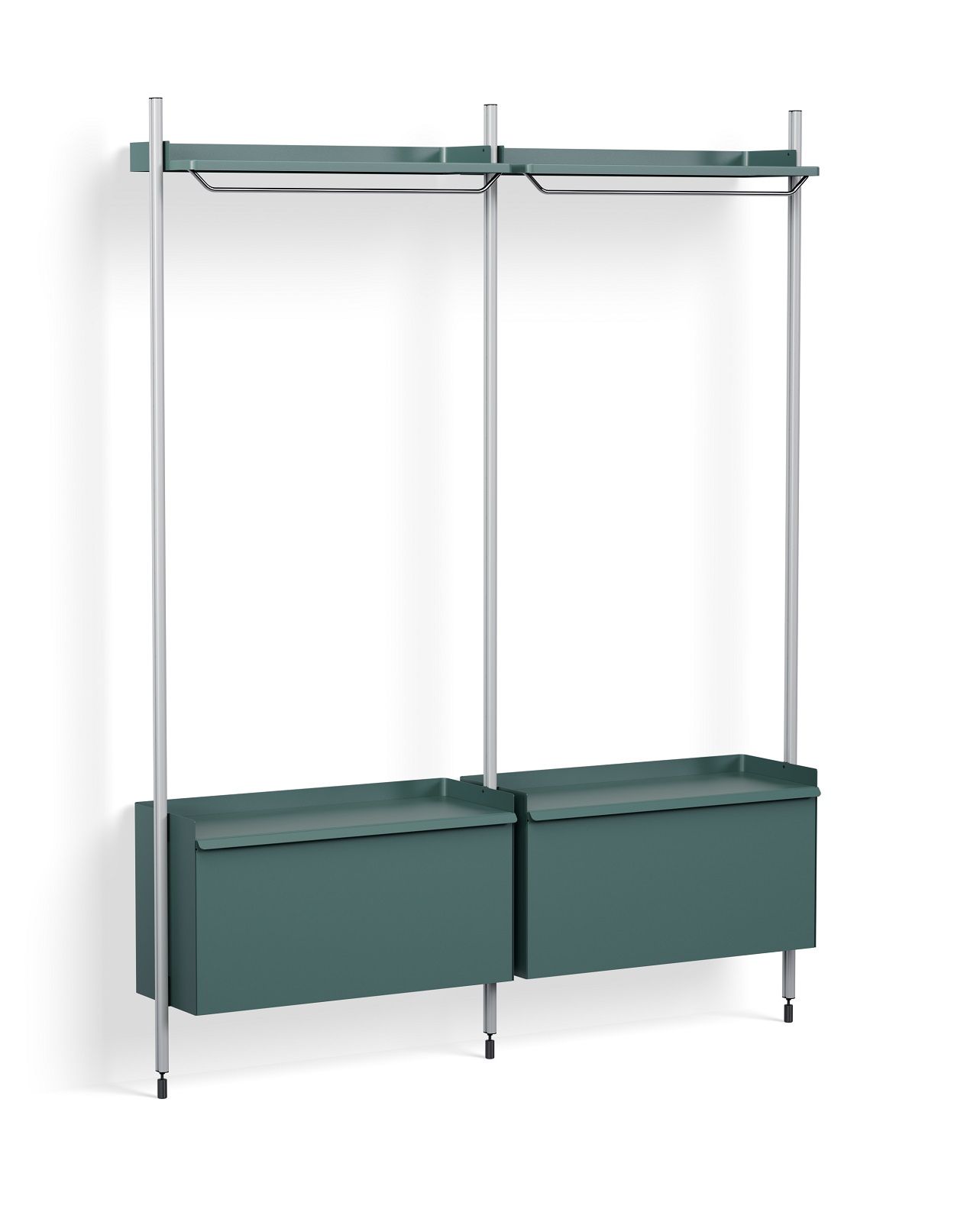 Hay Pier System Regal mit drei Säulen in Stahlblau und Aluminium, modernes Aufbewahrungsmöbel.