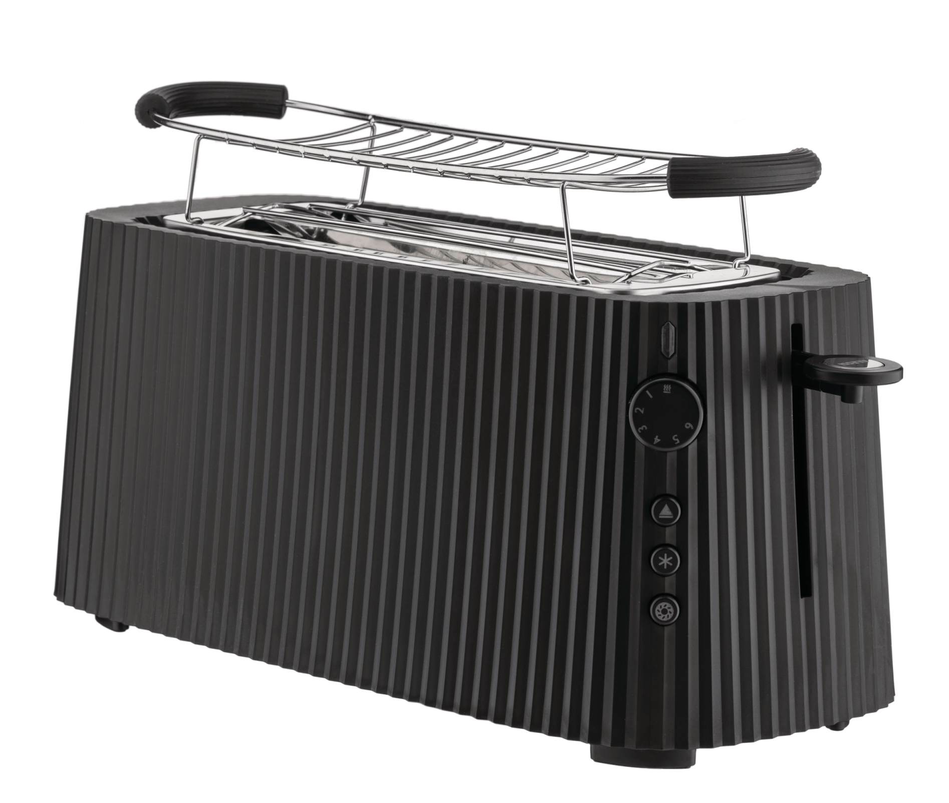 Schwarzer Alessi Plissé Toaster XXL mit Brötchenaufsatz, Rillenmuster und Drehregler für die Bräunungsstufe.