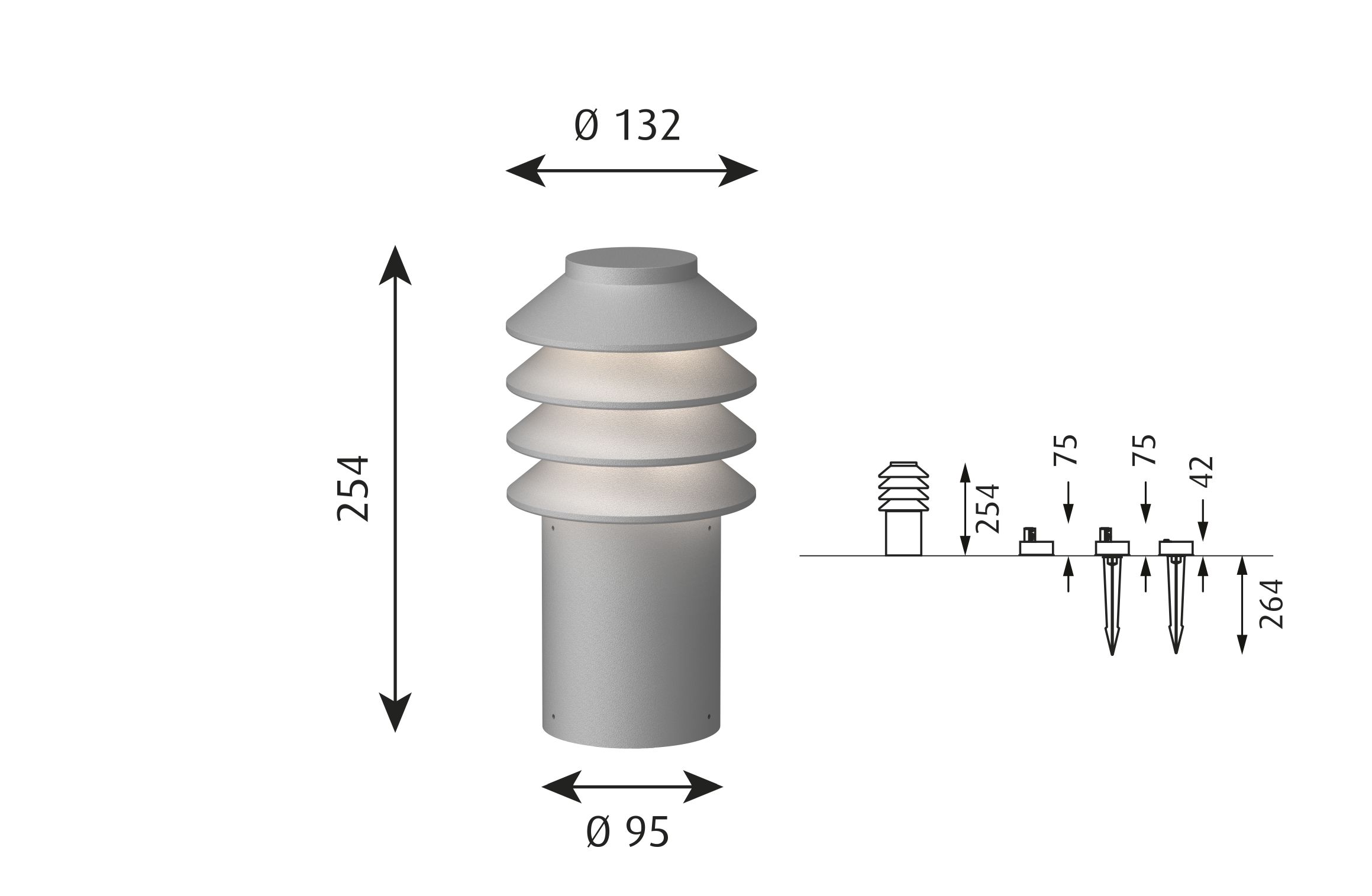 Technische Zeichnung der Louis Poulsen Bysted Garden Pollerleuchte für den Außenbereich mit Maßangaben.