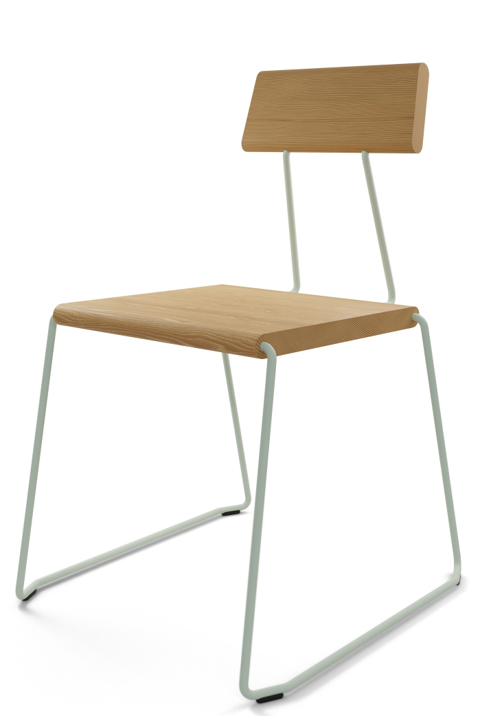 D:005 Stuhl von Fuchs & Habicht: Moderner Holzstuhl mit hellblauem Metallgestell für Esszimmer und Küche.