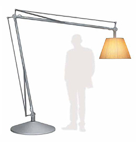 Superarchimoon Stehleuchte von Flos: Moderne Bogenleuchte mit Stoffschirm und verstellbarem Arm für Wohnzimmer und Büro.