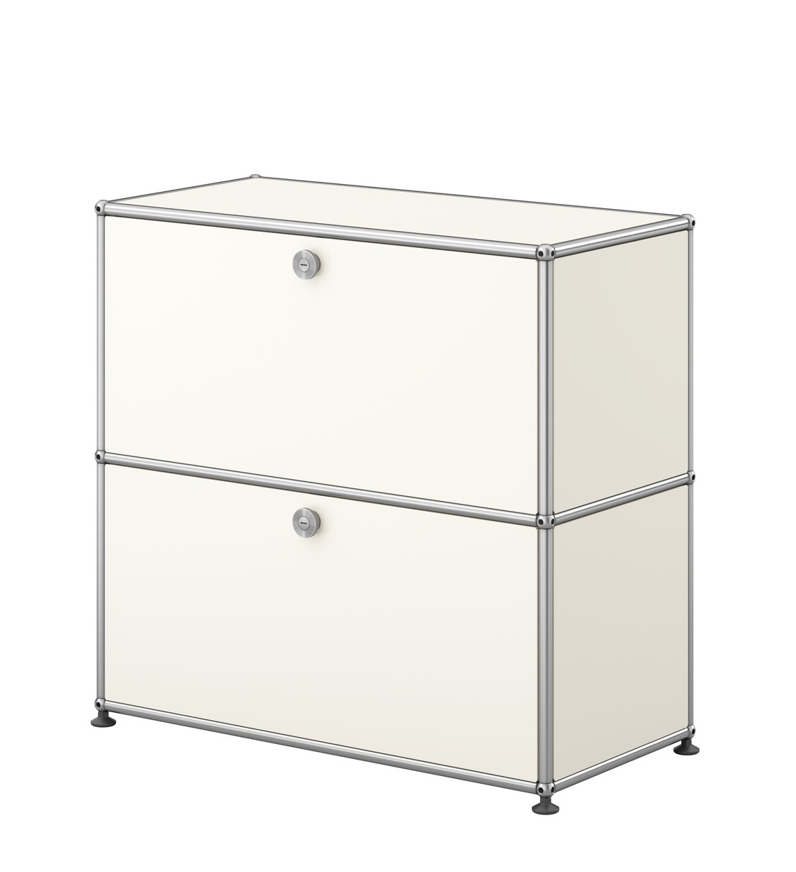 USM Haller Sideboard klein in Reinweiß mit zwei abschließbaren Fächern, modernes Designmöbel für Büro und Wohnraum.