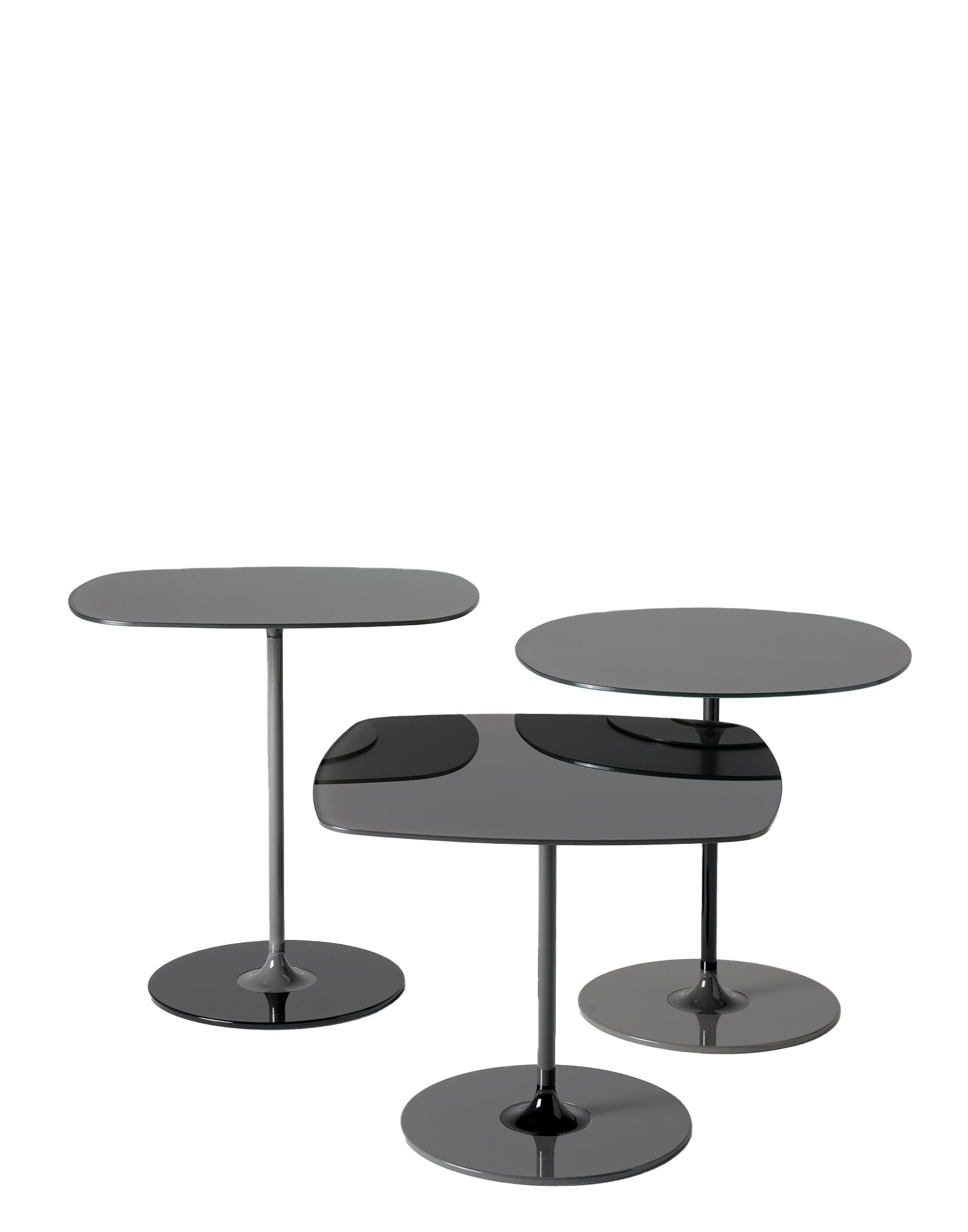 Schwarze Thierry 4042 Tische von Kartell, verschiedene Formen, modernes Design für Wohnzimmer und Büro.