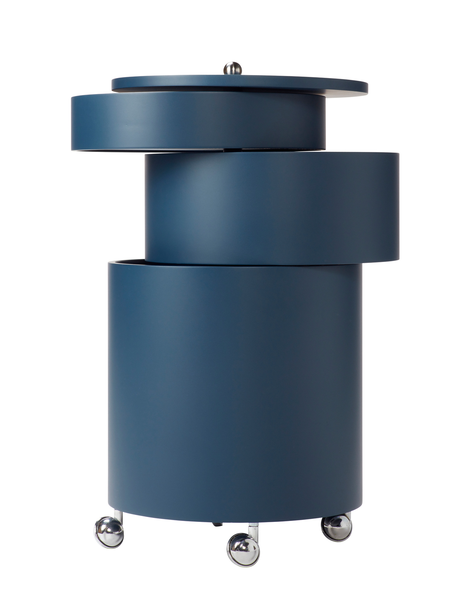 Blauer Barboy Rollwagen von Verpan mit drehbaren Elementen und Chromrollen.