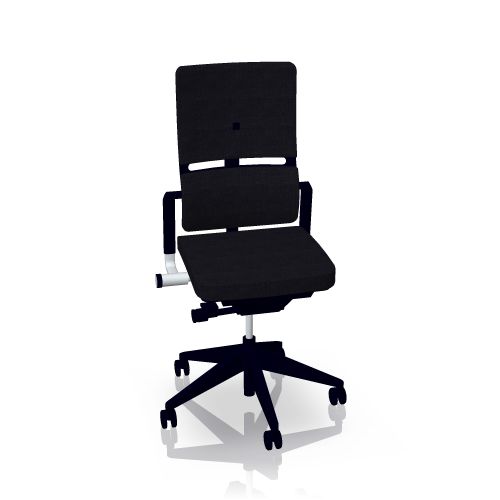 Schwarzer Please Bürostuhl von Steelcase: Ergonomischer Drehstuhl mit hoher Rückenlehne und verstellbarer Lendenwirbelstütze.
