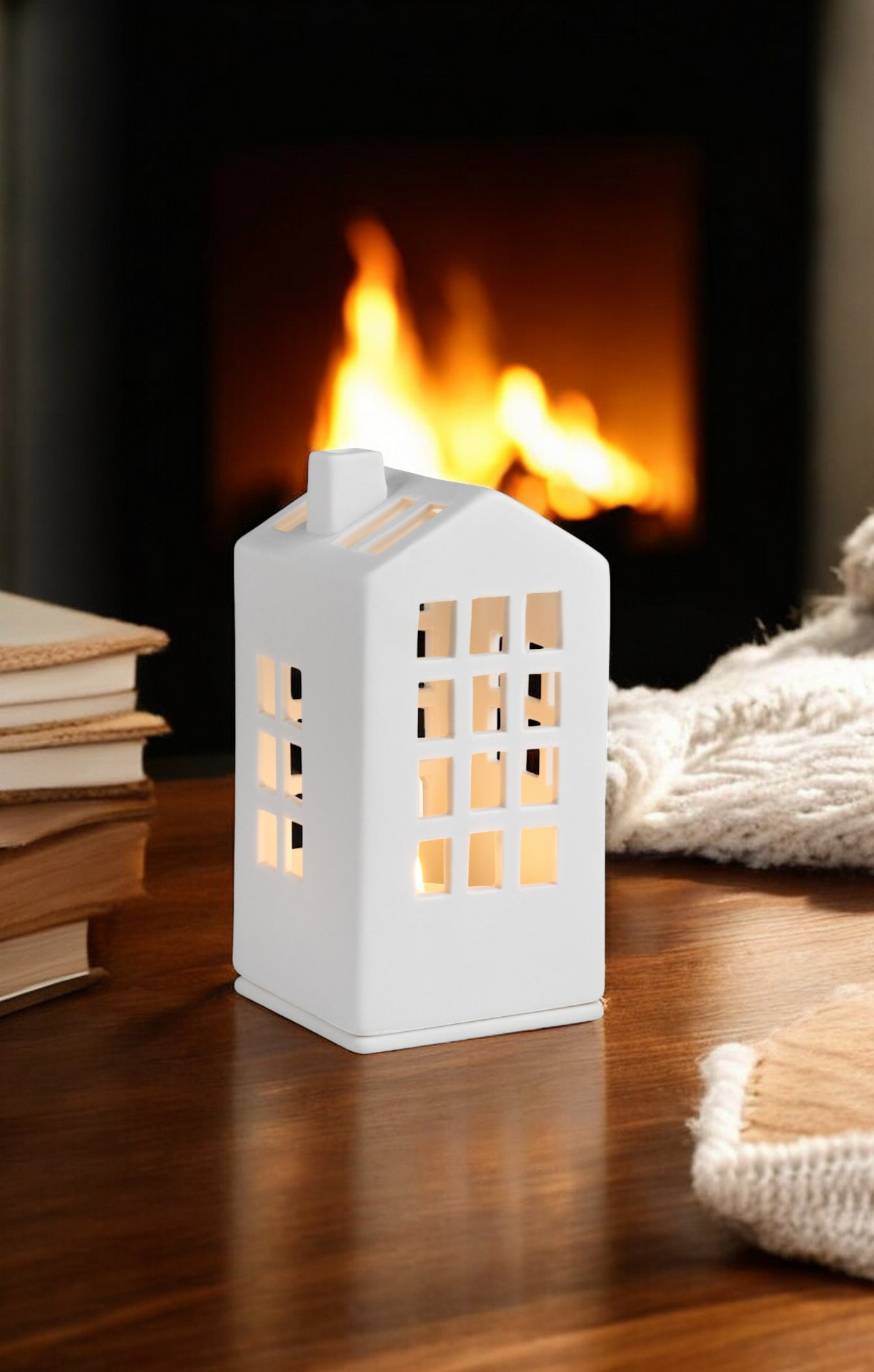 Weißes Living Mini Lichthaus im Rathaus-Design von Räder, stimmungsvolle Dekoration für gemütliche Abende.