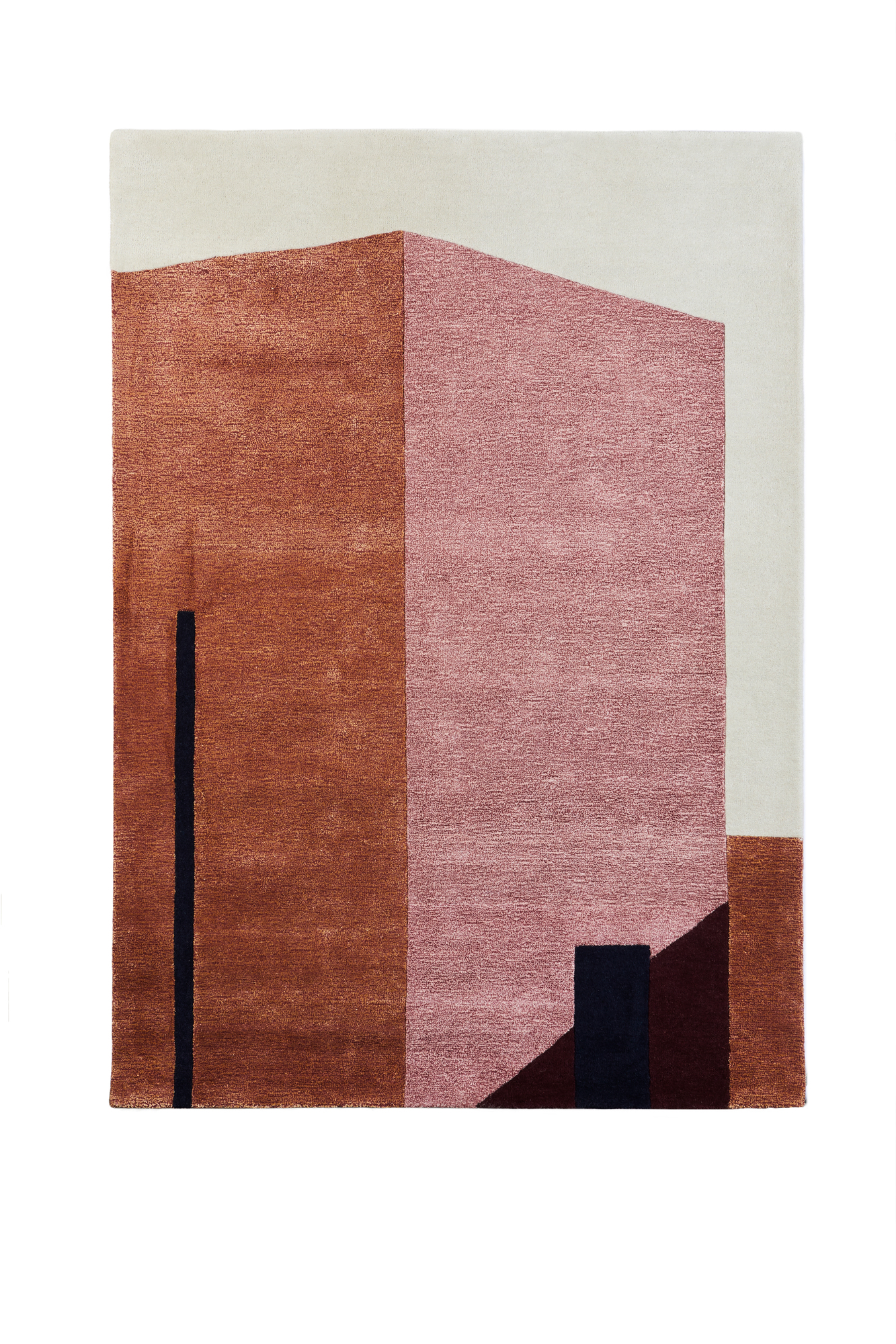 Arqui Teppich 2: Moderner Teppich in Braun- und Rosatönen mit abstraktem, architektonischem Muster.