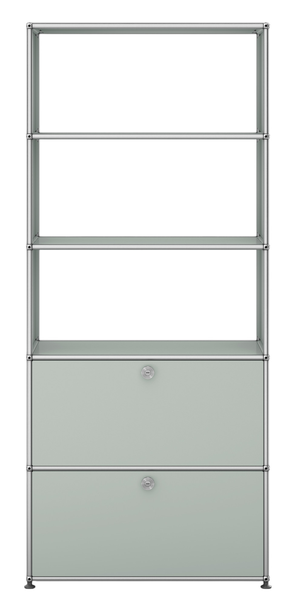 USM Haller Regal in Lichtgrau mit zwei abschließbaren Klappen und offenen Regalfächern.