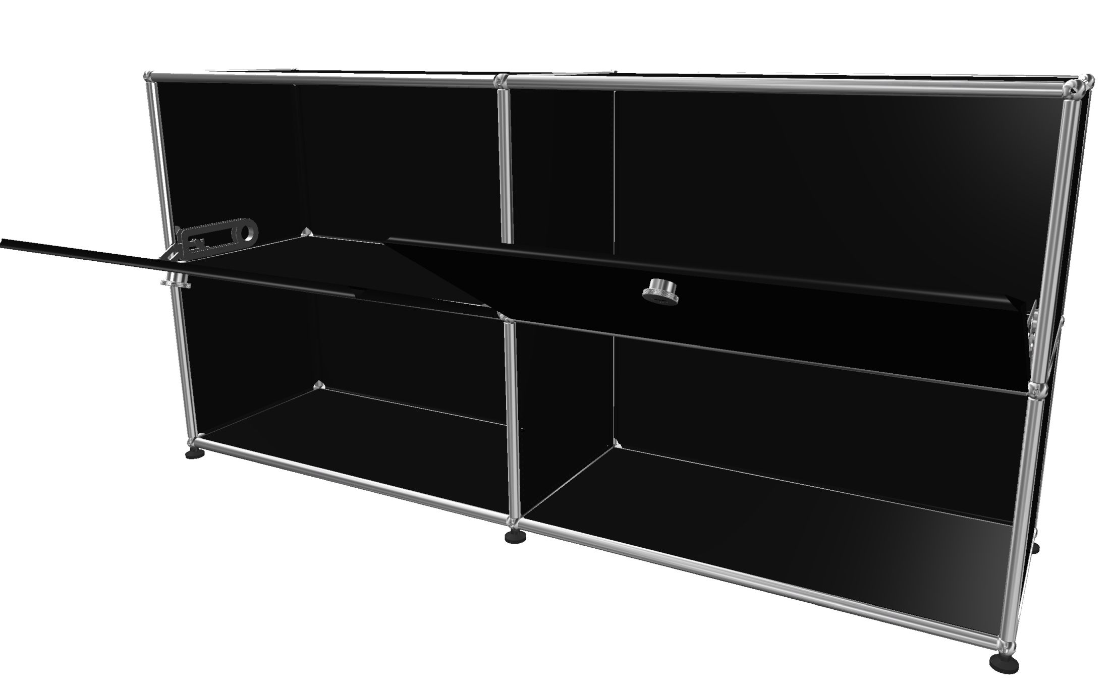 USM Haller Sideboard in Graphitschwarz mit zwei Klappen und offenen Fächern, modernes Designmöbel.