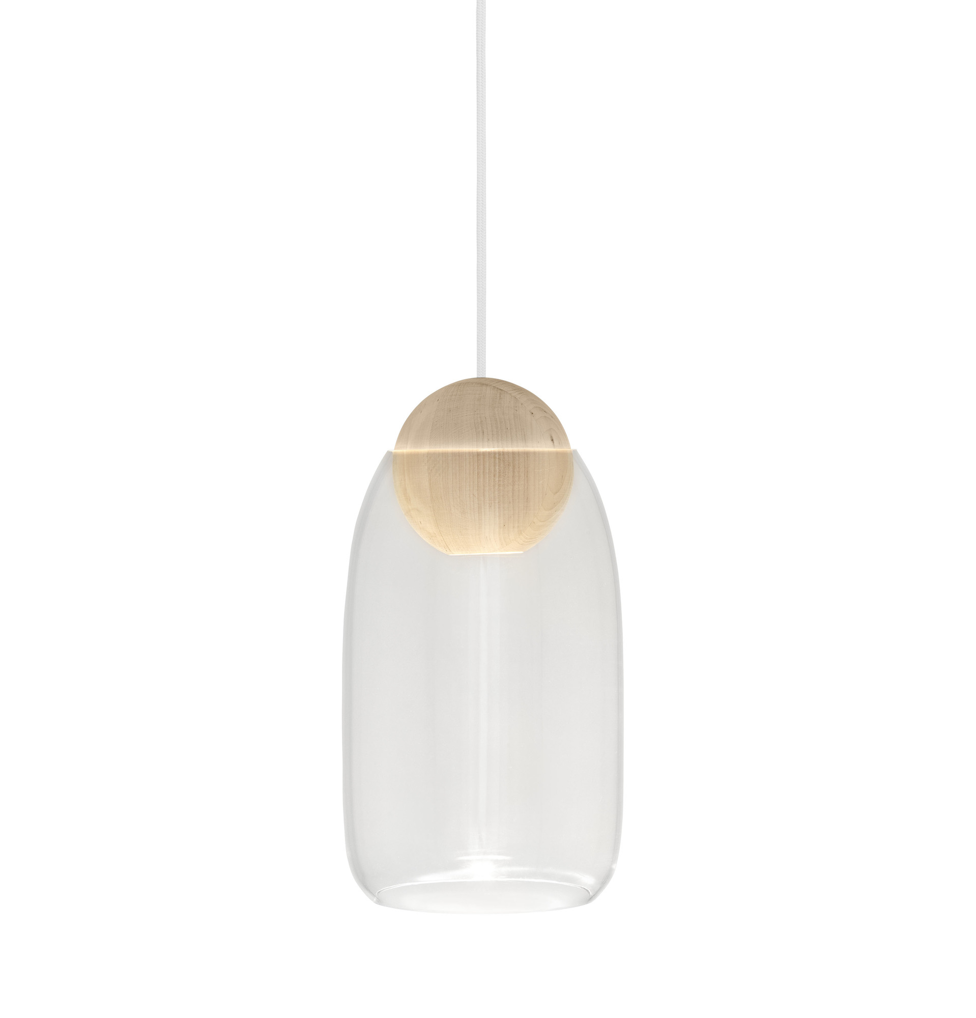 Liuku Glas Lampenschirm, transparent, mit Holzelement. Moderne Pendelleuchte für Wohnzimmer und Esszimmer.
