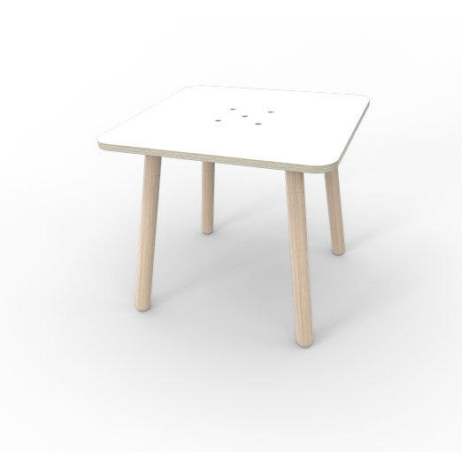 Weißer Growing Table Kindertisch mit quadratischer Tischplatte und hellen Holzbeinen.