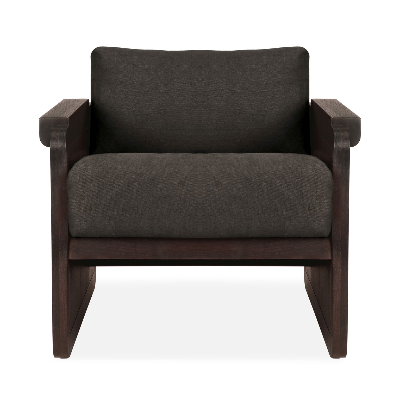 Ethnicraft Panel Lounge Sessel: Moderner Sessel mit dunklem Holzrahmen und grauen Polsterkissen.