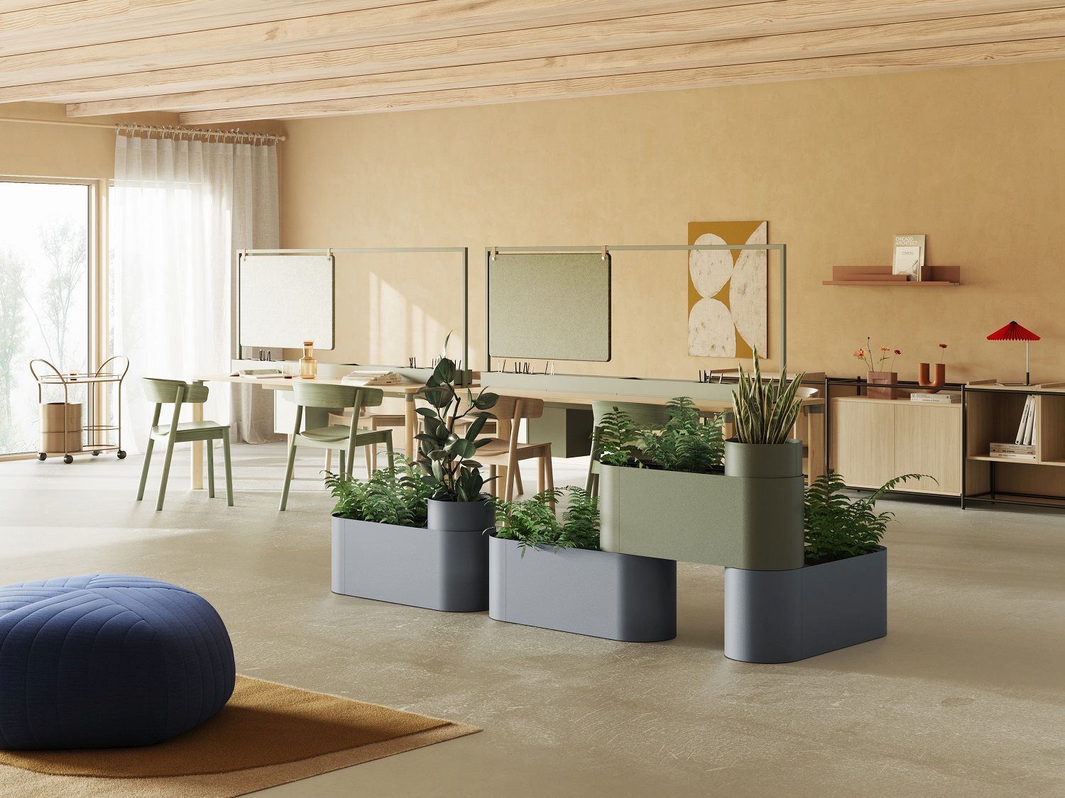 Plant Here Pflanzenbox Mizetto: Moderne Pflanzgefäße für Büro und Wohnraum mit grünen Pflanzen.