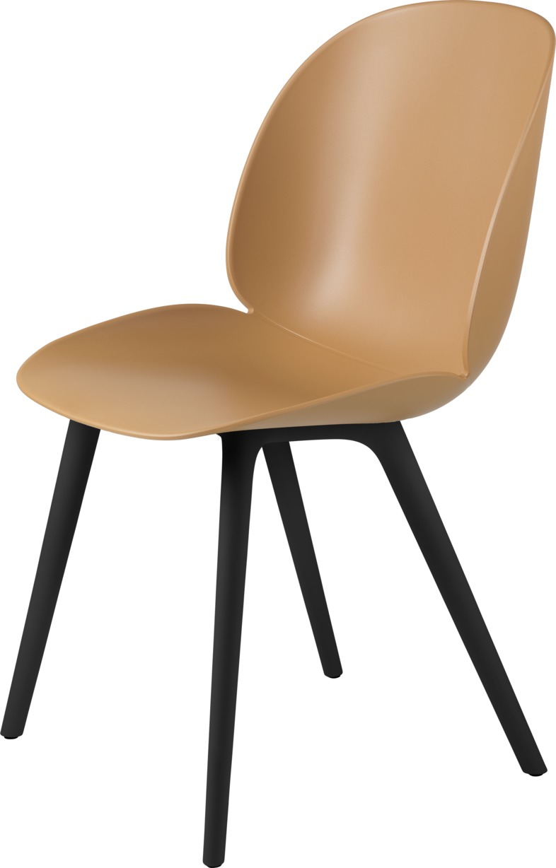 Beige Beetle Chair Esszimmerstuhl mit schwarzem Kunststoffgestell, ungepolstert und modernem Design.