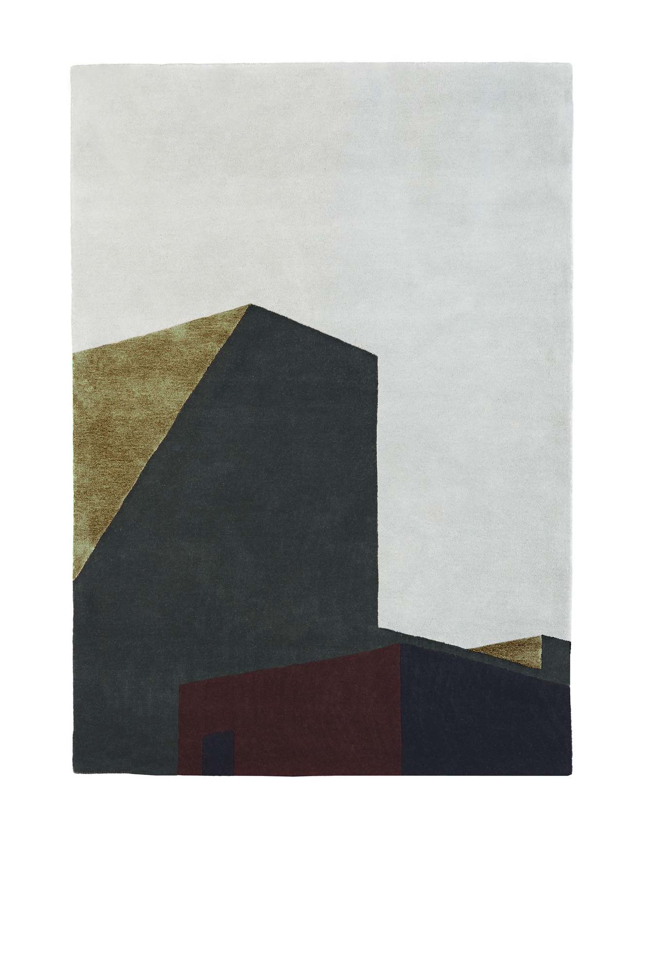 Arqui Teppich mit abstraktem Gebäude-Design in Grau, Braun und Rot. Moderner Teppich für Wohnräume.