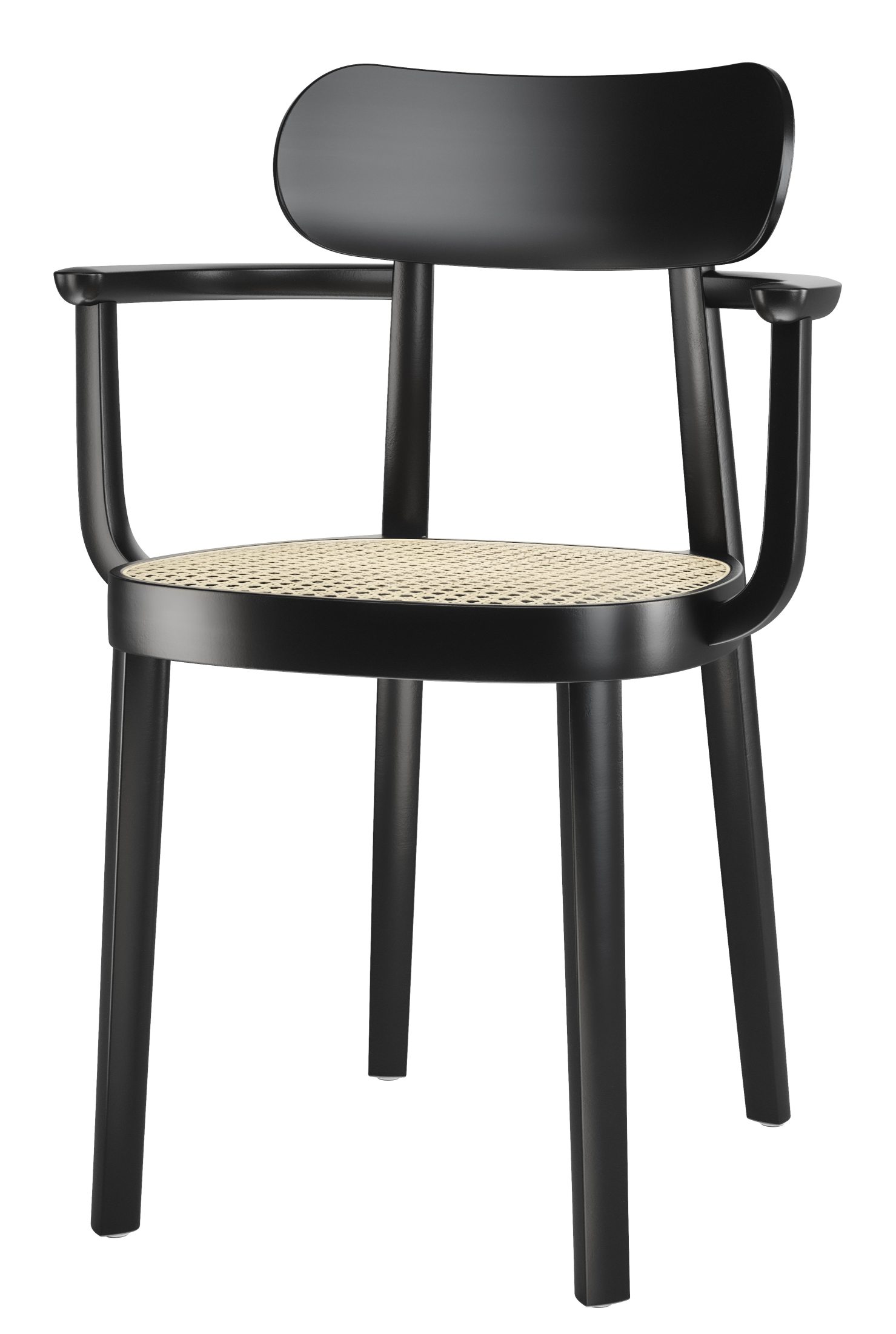 Schwarzer Holzstuhl mit Armlehnen und Wiener Geflecht Sitzfläche, Modell 118 F Thonet.