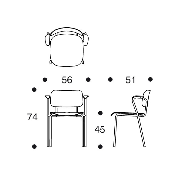 Technische Zeichnung des Lukki Stuhls von Artek mit Maßen in Zentimetern, Ansichten von oben, vorne und seitlich.