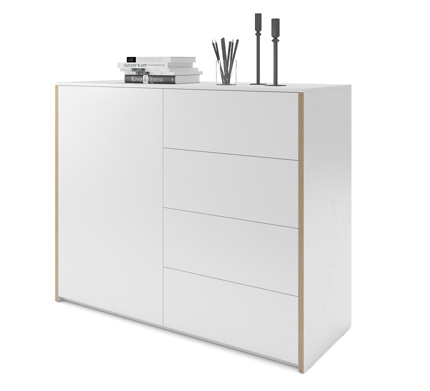 Weiße Modular Plus Kommode von Müller Möbelwerkstätten mit Tür links und Schubladen.