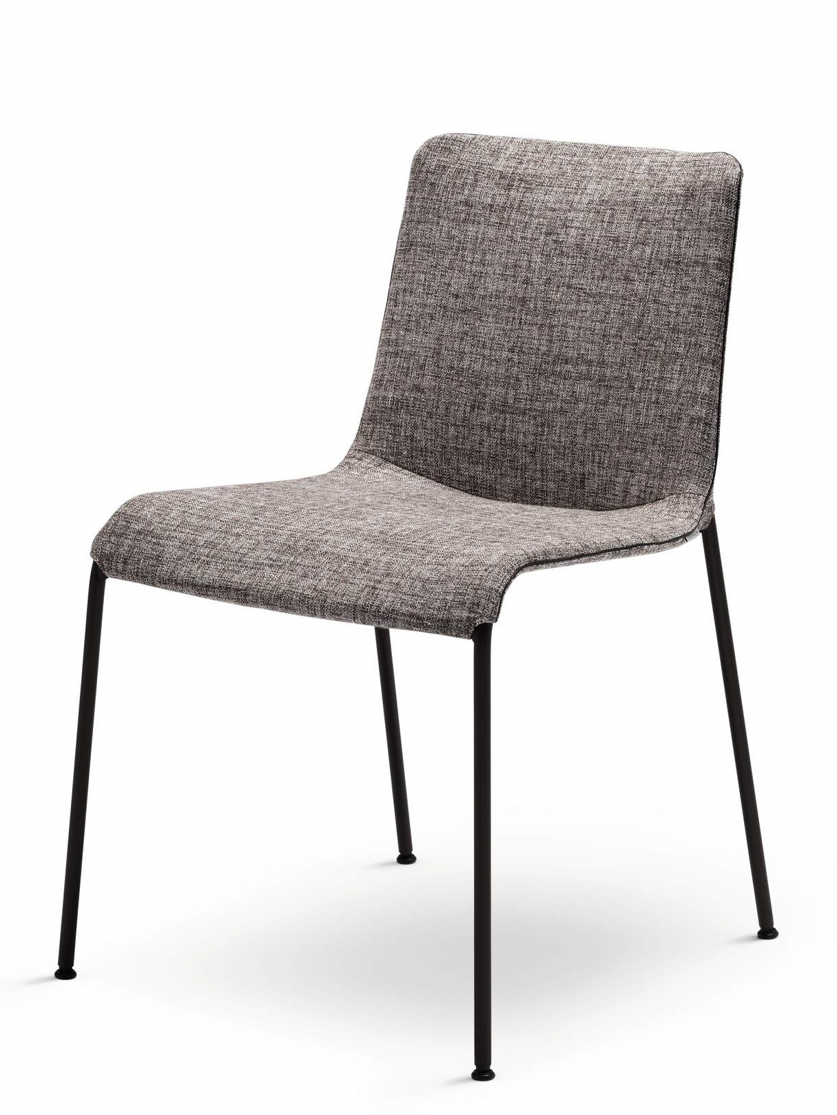 Liz Stuhl mit Stoffbezug in Grau-Braun und schwarzen Metallbeinen, moderner Esszimmerstuhl.