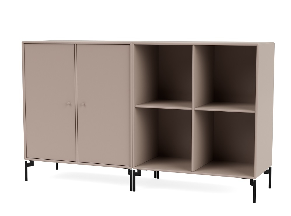 Montana Pair Sideboard in Mushroom mit schwarzen Beinen: Modernes Sideboard mit Türen und offenen Regalfächern.