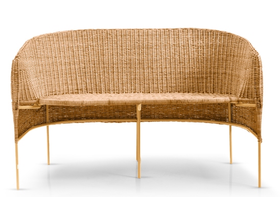 Caribe 2-Sitzer Bank aus Rattan für den Außenbereich, gelb, natürliches Material. Gartenmöbel für zwei Personen.