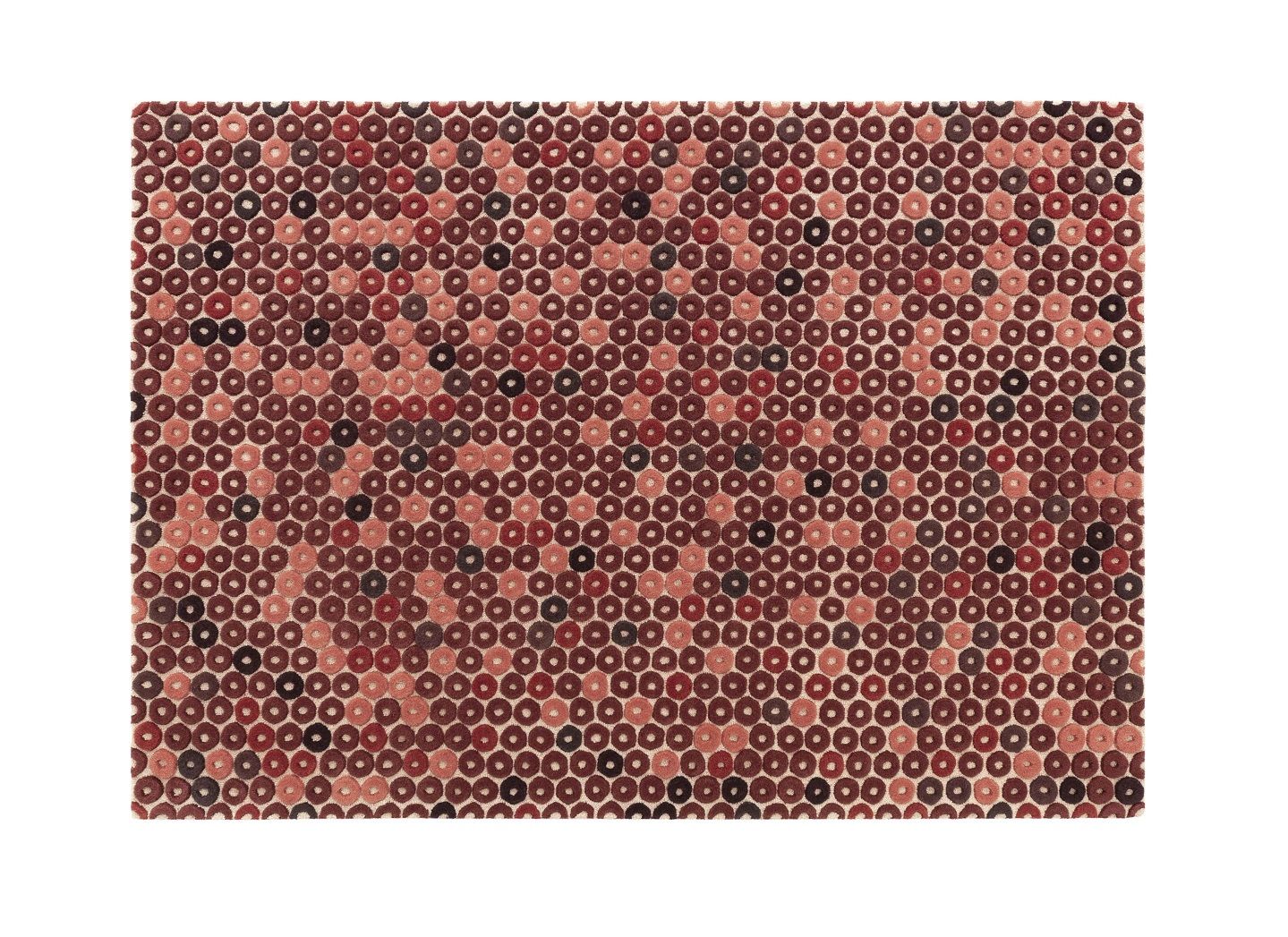 Detailansicht des Chimos Teppichs Gan: Muster aus roten und braunen Kreisen.