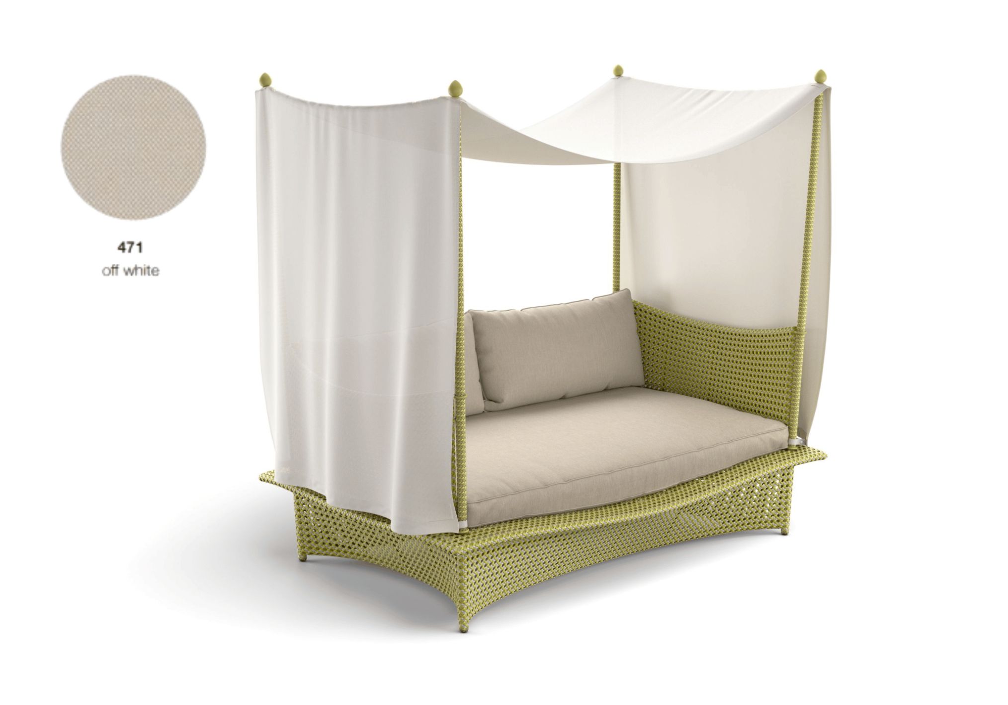 Daydream Daybed: Luxuriöse Outdoor-Liege mit Polster und weißem Stoffdach für entspannte Stunden im Freien.