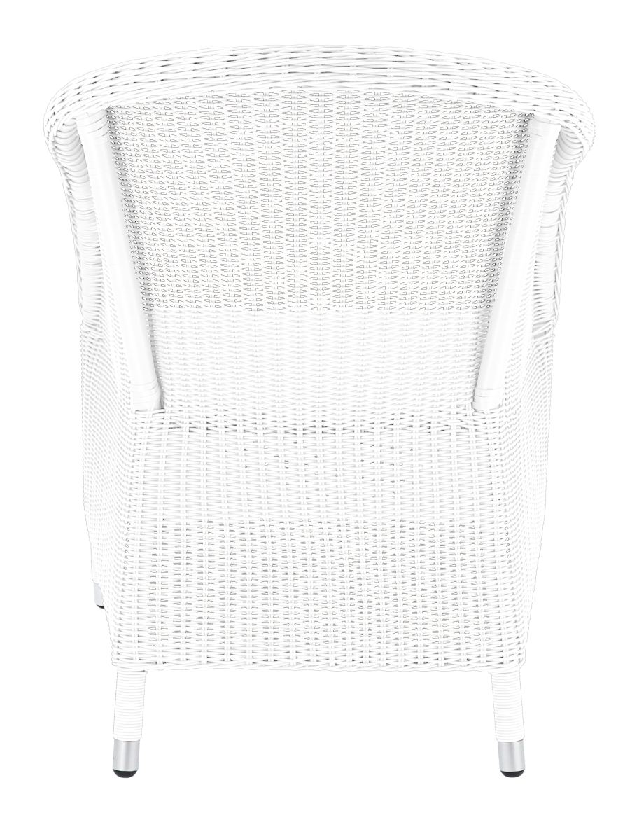 Rückansicht des weißen Romantik Sessels von Jan Kurtz, ideal für den Outdoor-Bereich.