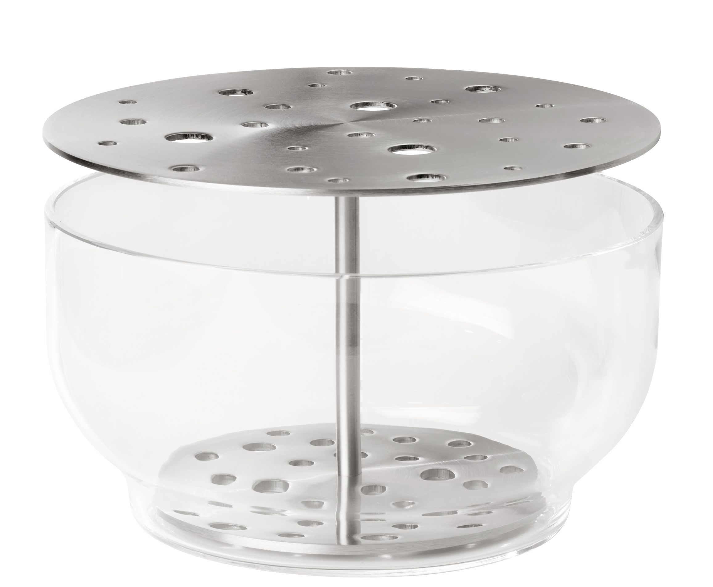 Große Ikebana Vase von Fritz Hansen aus Glas und Edelstahl mit Löchern.