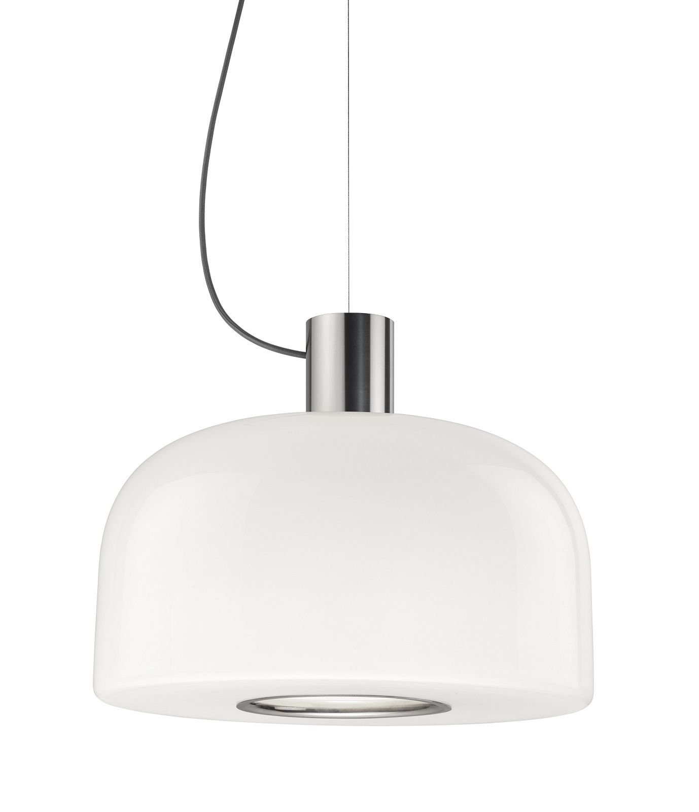 Weiße Bellhop Pendelleuchte von Flos mit Glasschirm und silberfarbenem Detail, moderne Hängelampe für Innenräume.