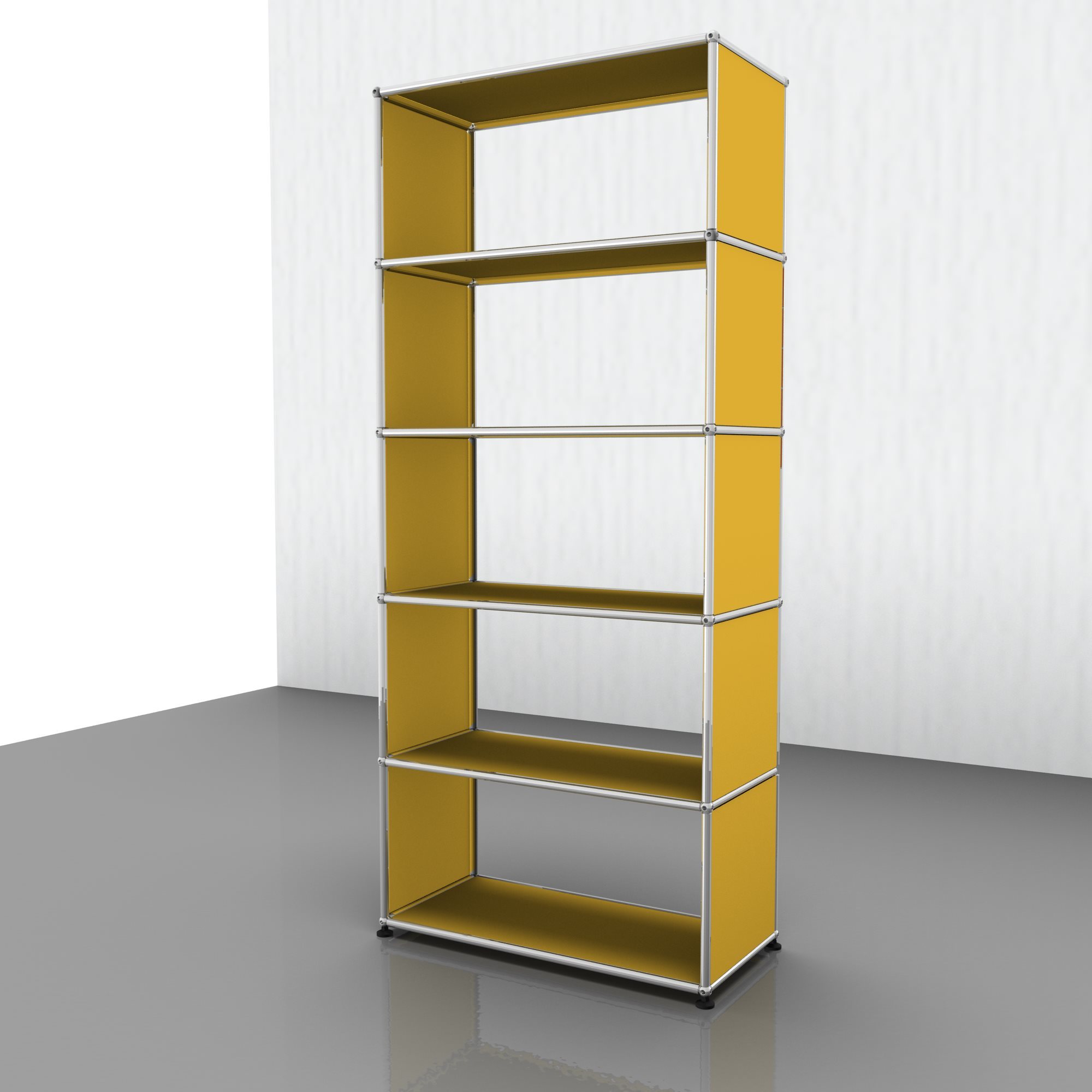 USM Haller Regal in Goldgelb mit fünf offenen Fächern und verchromtem Gestell.
