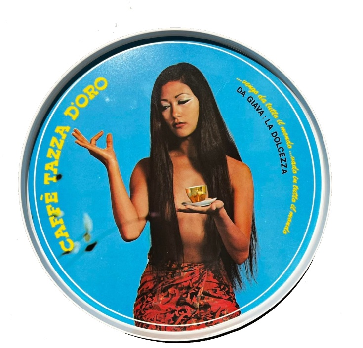 Caffè Tazza d'Oro Tablett: Rundes, blaues Serviertablett mit Frau und Kaffeetasse, Deko-Tablett.