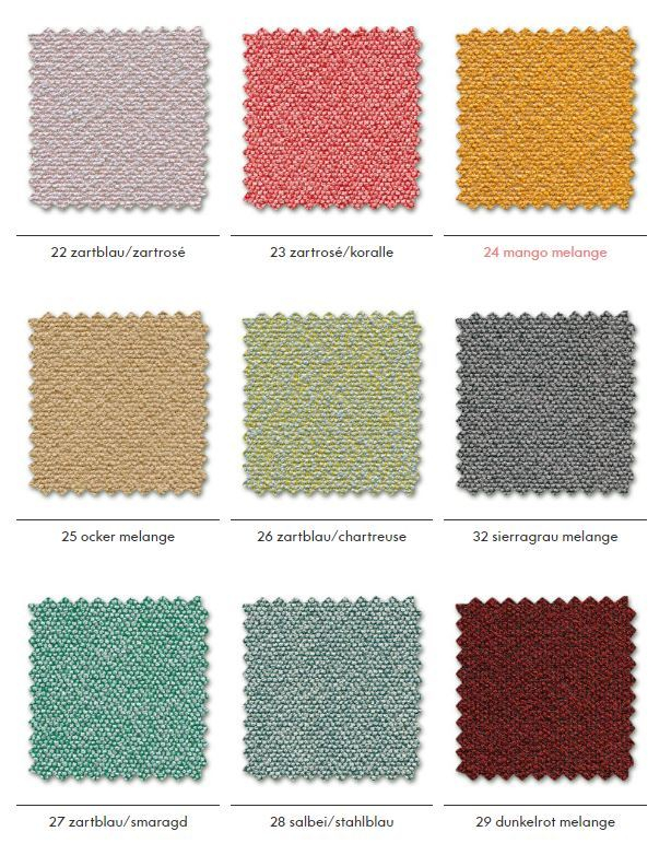 Dumet Stoffmusterkarte Vitra: Nahaufnahme verschiedener Stoffproben in unterschiedlichen Farben und Texturen.