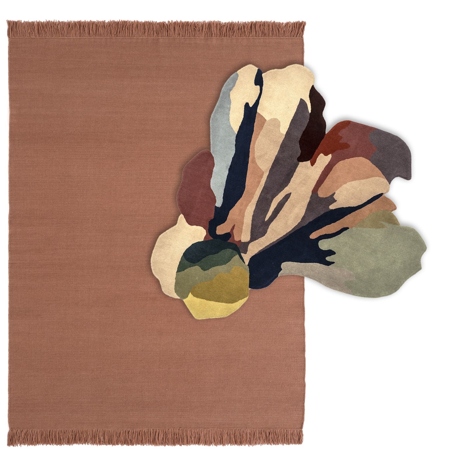 Nanimarquina Flora Bloom Teppich, 150x166 cm, mit abstraktem Blumenmuster in Beige-, Braun- und Grüntönen.