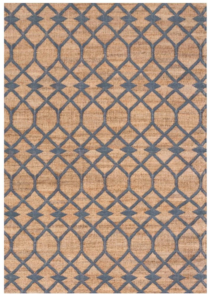 Kilim Rodas Teppich mit blauem Rautenmuster auf beigem Grund, handgewebter Wollteppich für Wohnzimmer.