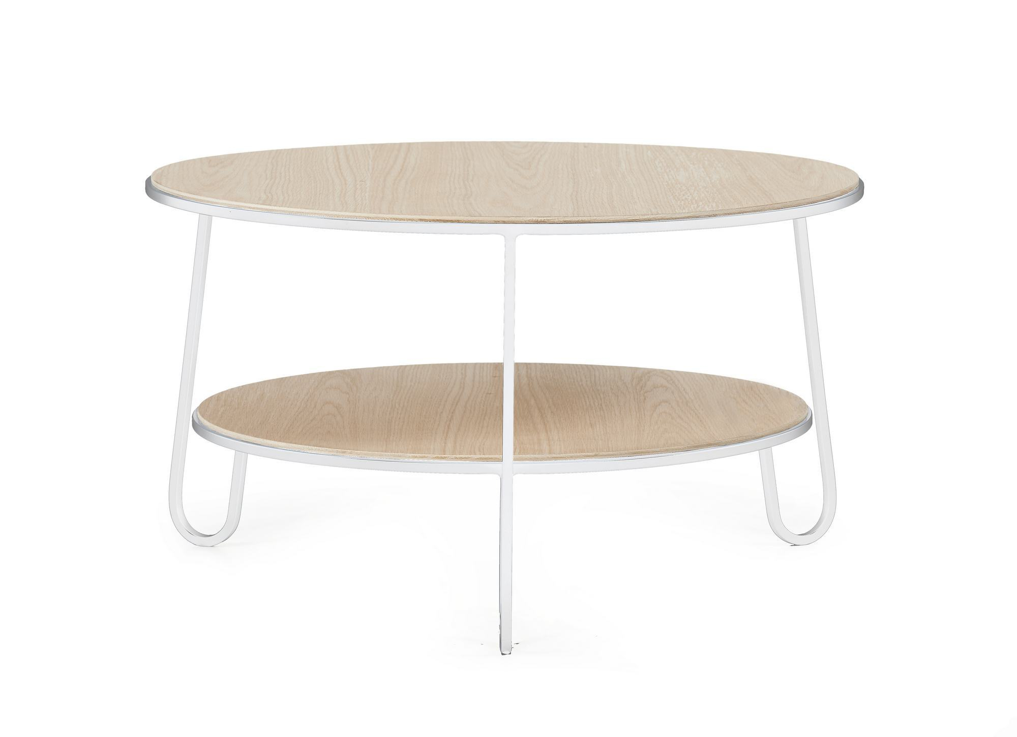 Moderner, runder Couchtisch von Hartô mit zwei Ablageflächen und weißem Metallgestell.