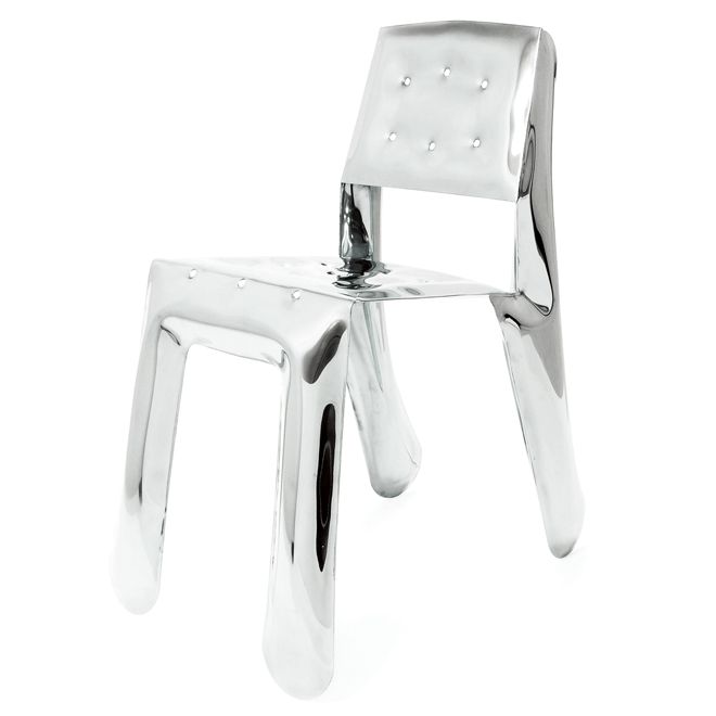 Chippensteel Stuhl von Zieta, moderner Designstuhl aus poliertem Stahl, minimalistisches Möbelstück.