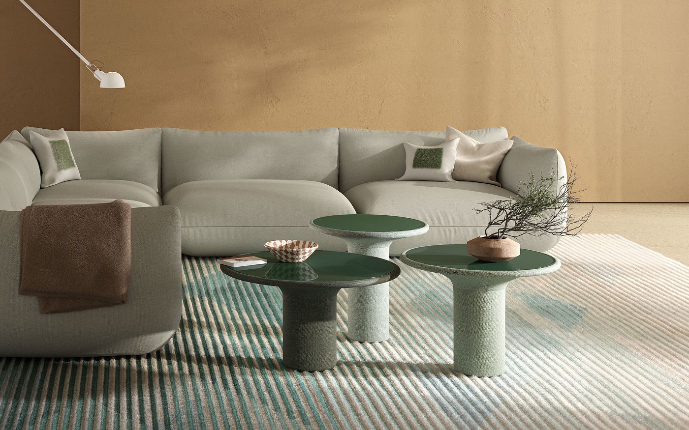 Echo Beistelltische von Cor, grüne Couchtische im Wohnzimmer mit Sofa und Teppich.