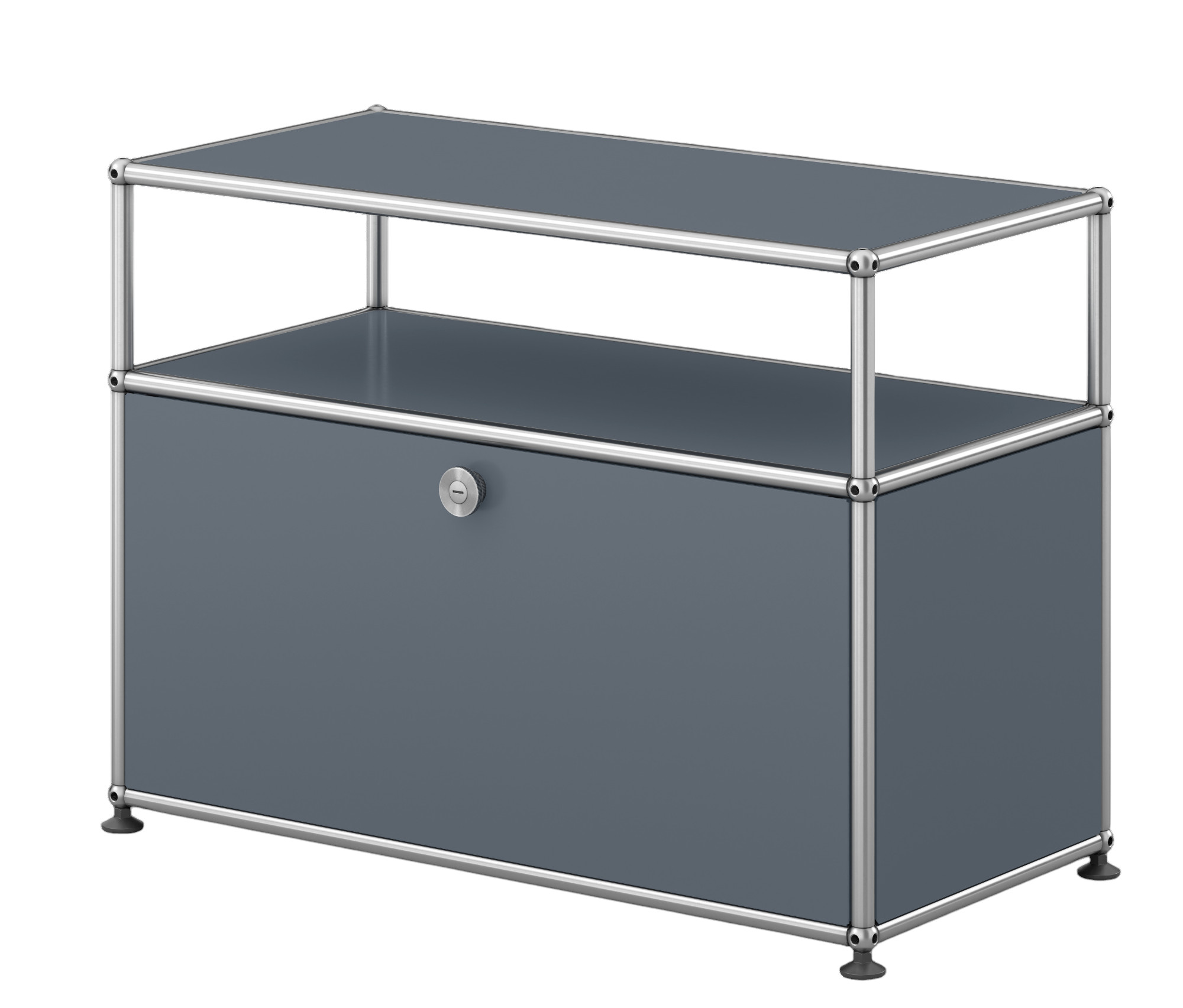 USM Haller Beistellmöbel in Mittelgrau mit einer Klappe und verchromtem Gestell, modernes Design.