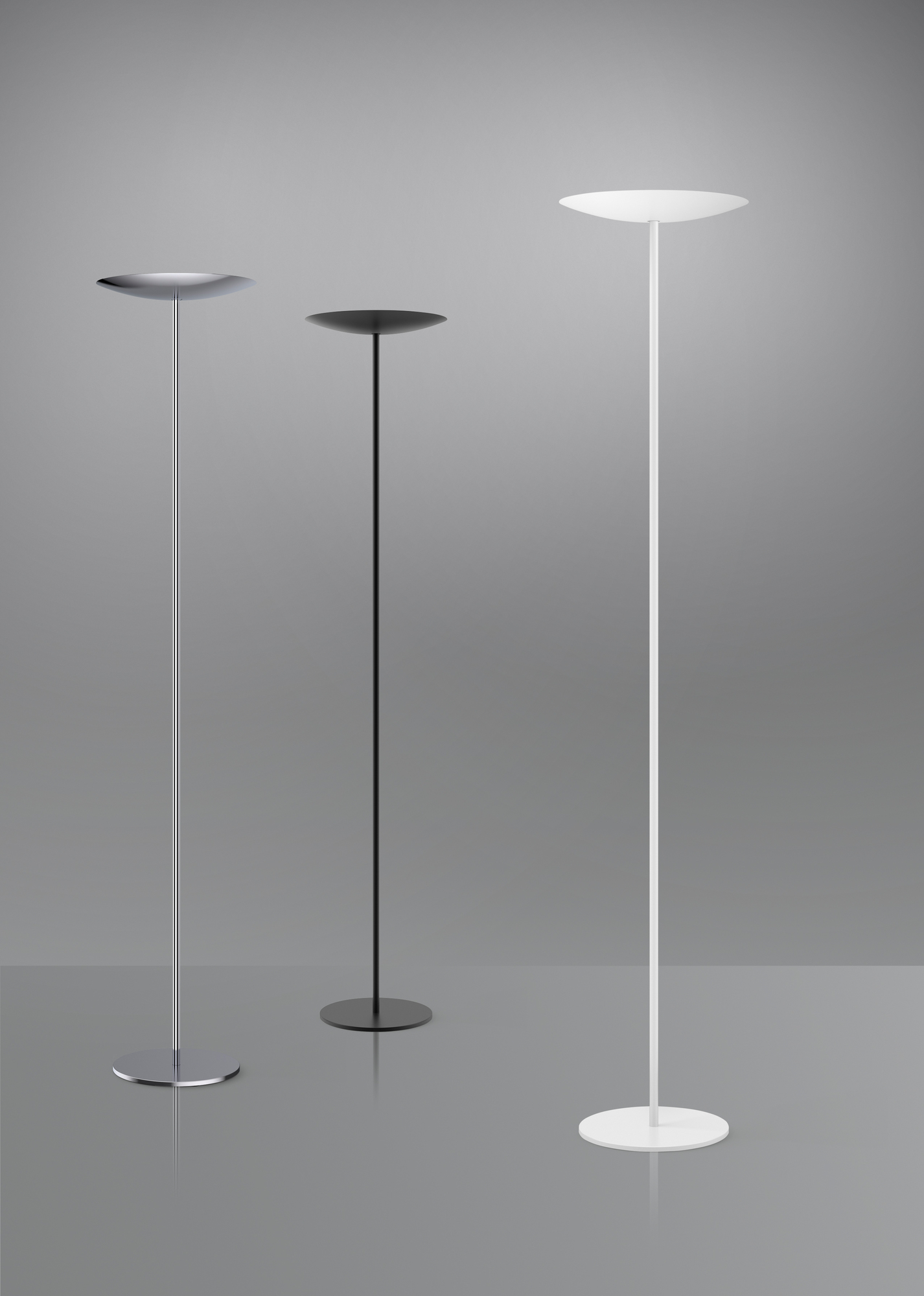 Drei Belux Stehleuchten in Silber, Schwarz und Weiß. Moderne LED Bodenleuchten.