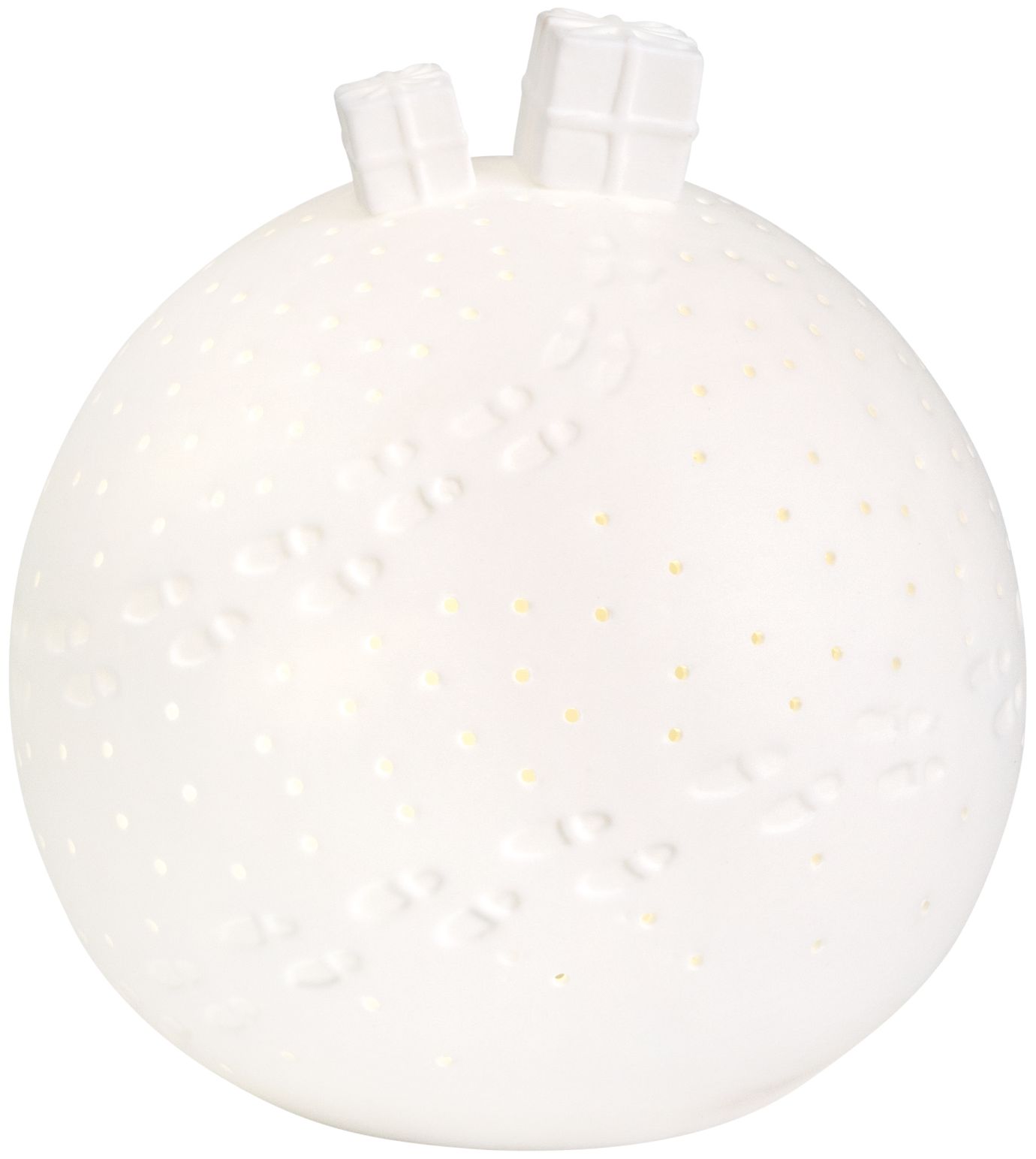 Weiße Porzellan Lichtkugel mit Geschenken als Dekoration und LED-Beleuchtung.