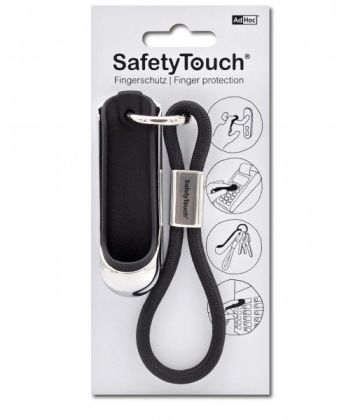 SafetyTouch® Fingerschutz: Schwarzer Schlüsselanhänger mit Fingerschutz-Funktion zum Schutz vor Keimen und Viren im Alltag.