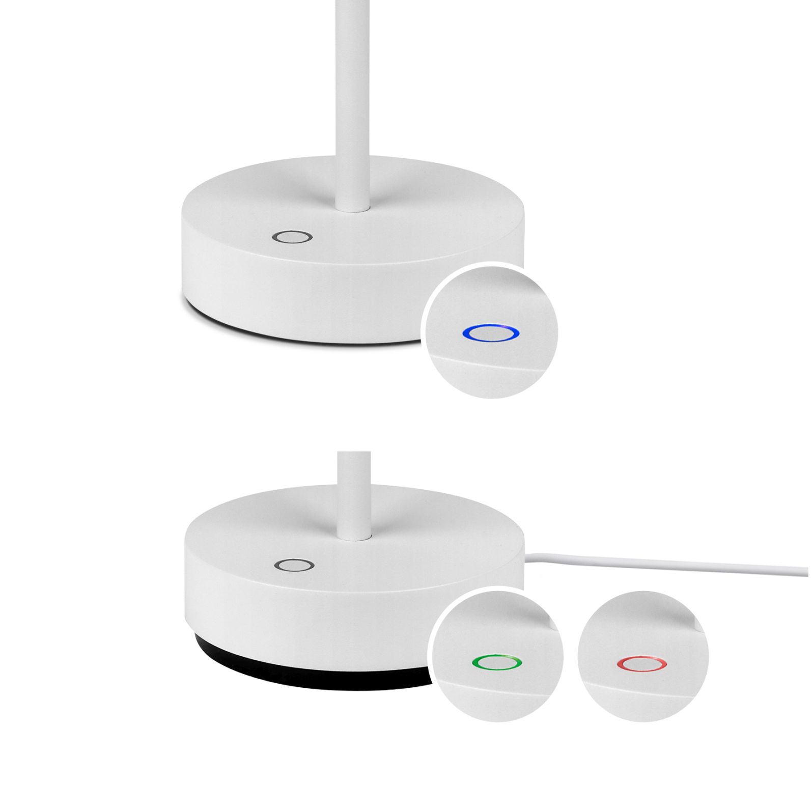 Detailaufnahme der weißen Arnold S Tischleuchte von Moree mit farbigen Leuchtpunkten.